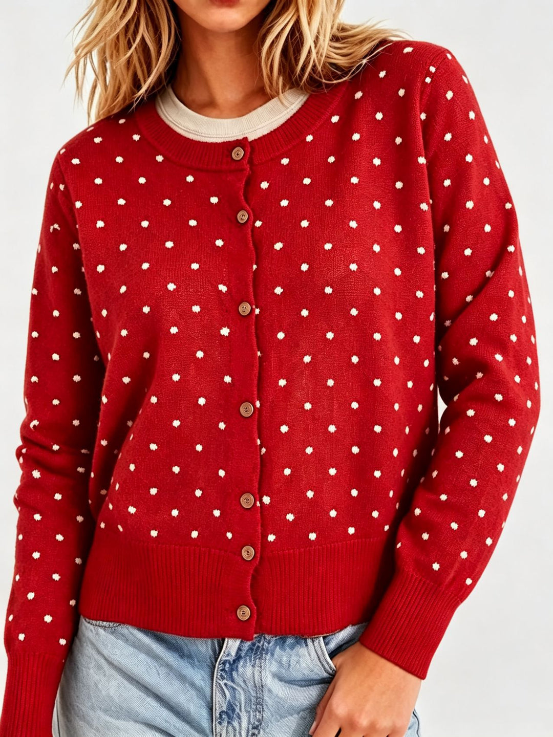 Damen Gepunktete Feinstrick-Cardigan mit Rundhals und Rippbündchen EB