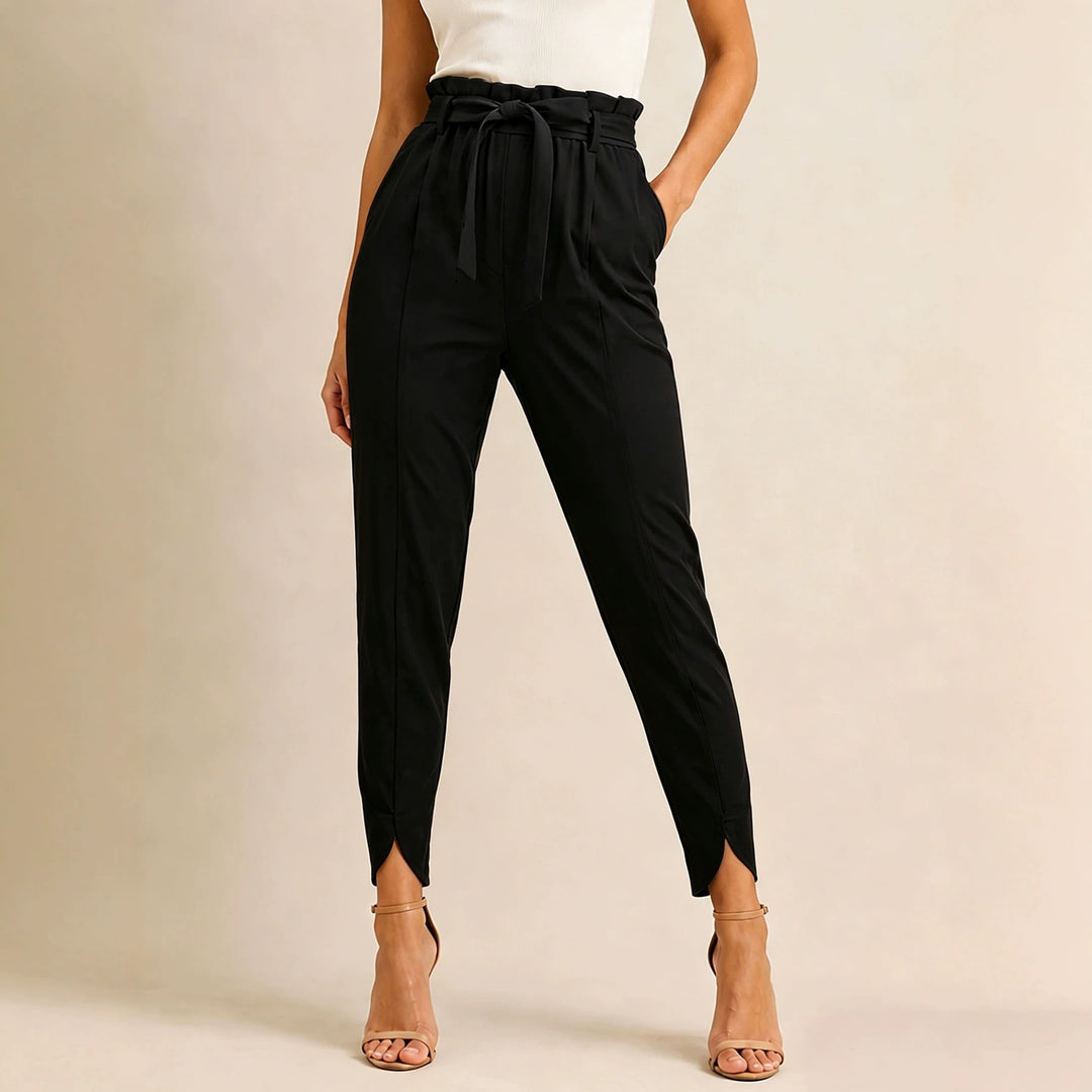 Damen nan hoch taillierte Paperbag-Hose mit Bindegürtel und geschlitztem Knöchelabschluss EB
