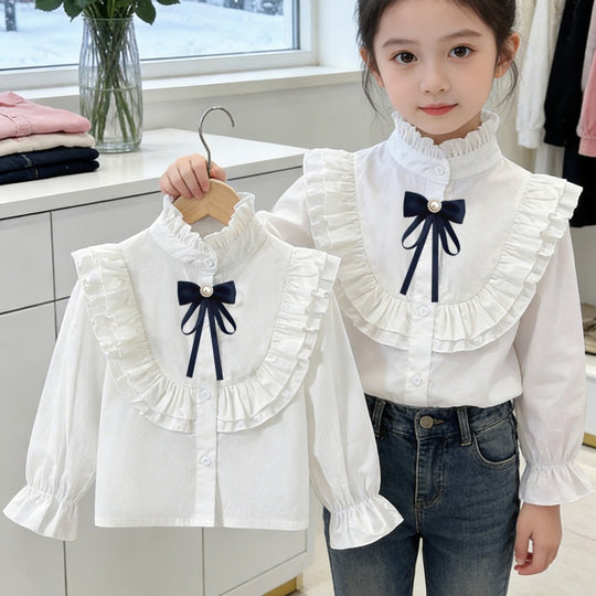 Mädchen elegante Rüschenbluse mit dekorativem Schleifenverschluss EB