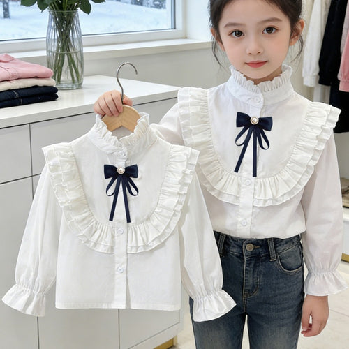 Mädchen elegante Rüschenbluse mit dekorativem Schleifenverschluss EB