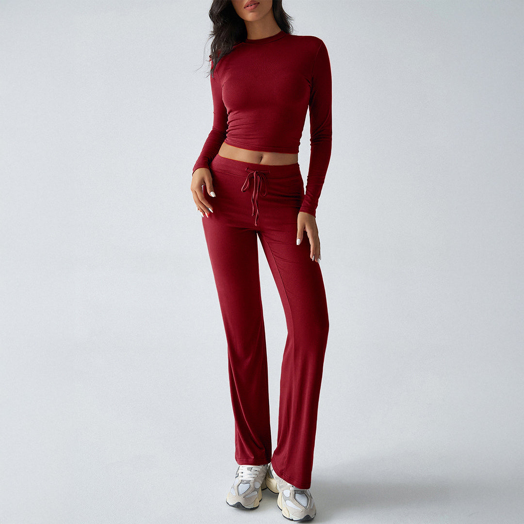 Damen nan tailliertes Longsleeve-Crop-Top und weite Lounge-Hose im Zweiteiler-Set aus Stretchjersey EB