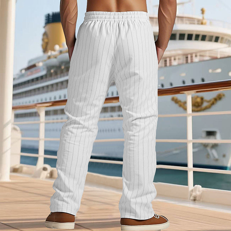 Herren Maritime Leinenoptik-Freizeithose mit Nadelstreifen elastischem Bund und seitlichen Eingrifftaschen EB
