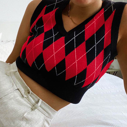 Damen cropped Stricktop mit modernem Rautenmuster EB