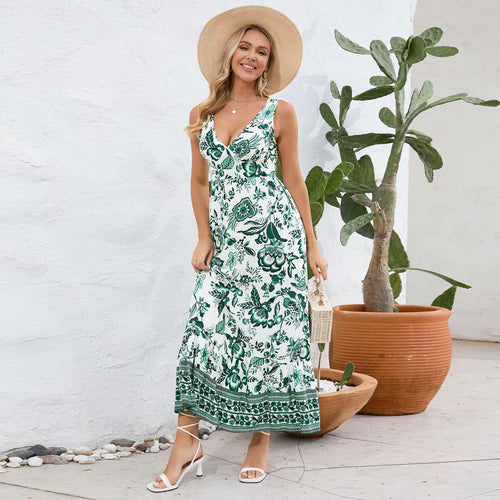 Damen Maxikleid mit floralem Design und tiefem V-Ausschnitt EB