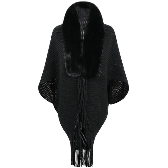 Damen luxuriöser Strickponcho mit elegantem Kunstfellkragen und Fransen EB