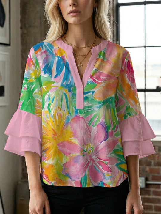 Damen Bluse mit voluminösen Rüschenärmeln und floralem Muster EB
