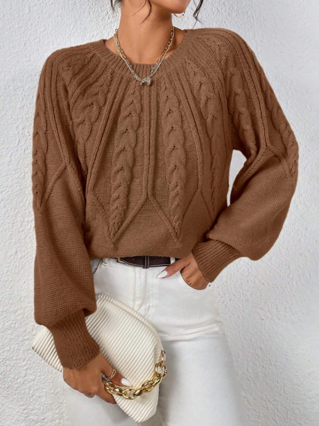 Damen nan kurzer Zopfmuster-Strickpullover mit Ballonärmeln und geripptem Saum EB