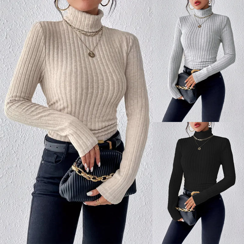 Damen Langarm Rollkragenpullover aus feinem Rippstrick EB