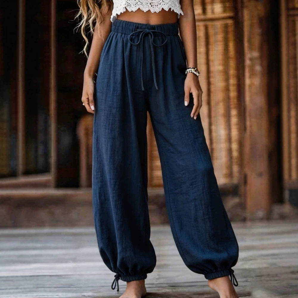 Damen Leichte Leinenhose mit weitem Bein und elastischem Bund EB