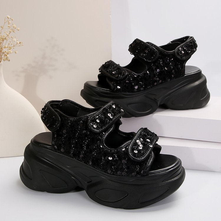 Damen Glamouröse Plateau-Sandalen mit verstellbaren Riemen und funkelnden Applikationen EB