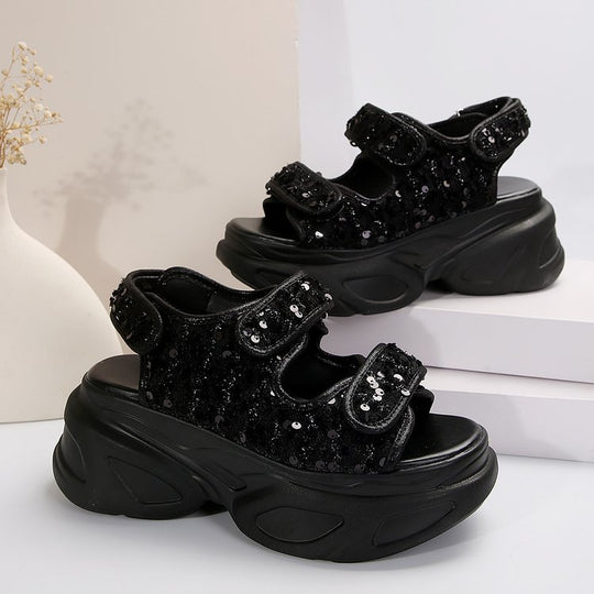 Damen Glamouröse Plateau-Sandalen mit verstellbaren Riemen und funkelnden Applikationen EB