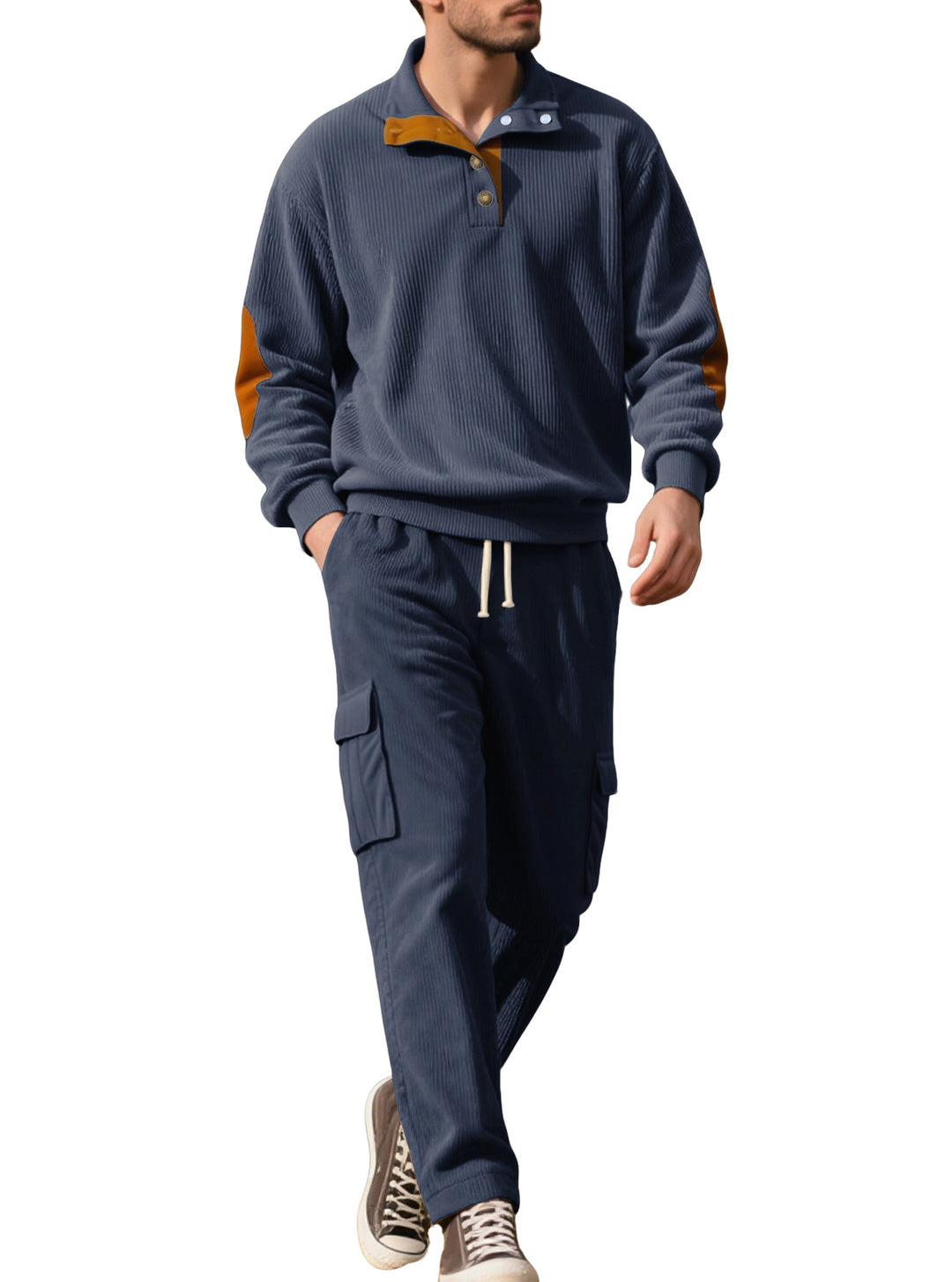 Herren nan strukturierter Troyer-Pullover mit Stehkragen Druckknopfleiste und Velours-Ellenbogenpatch EB