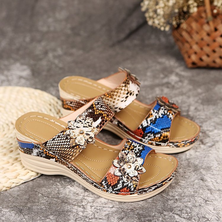 Damen Wedge-Pantoletten mit floralem Dekor und animalischem Muster EB