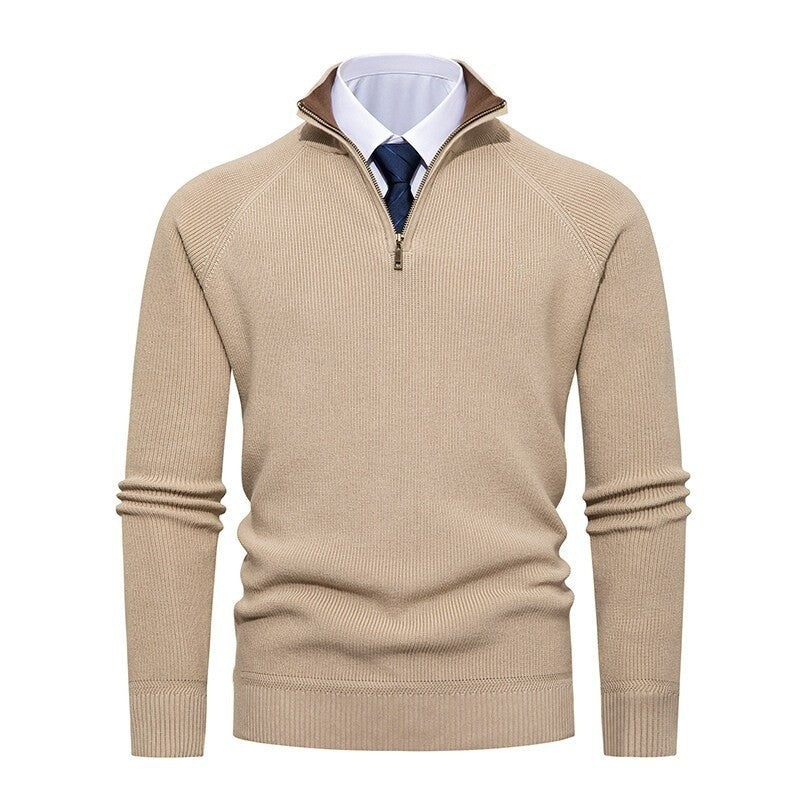 Herren nan feiner Strickpullover mit Halbzip, strukturierter Rippoptik und innen kontrastiertem Stehkragen EB