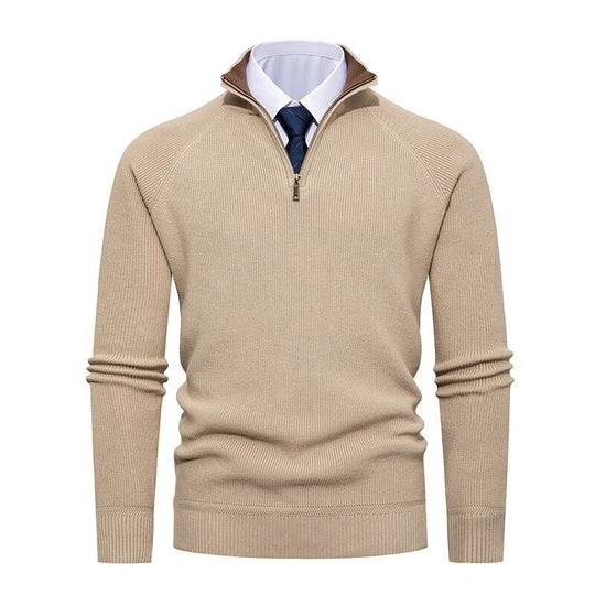 Herren nan feiner Strickpullover mit Halbzip, strukturierter Rippoptik und innen kontrastiertem Stehkragen EB
