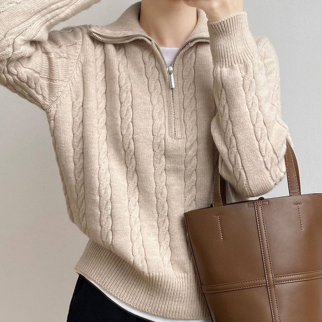 Damen Kuscheliger Strickpullover mit Stehkragen und Zopfdesign EB