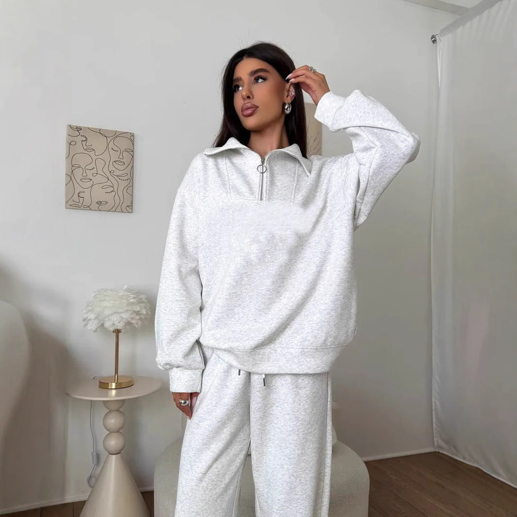 Damen lässiges Sweatset mit halbhohem Reißverschluss Kragen und weitem Jogger EB