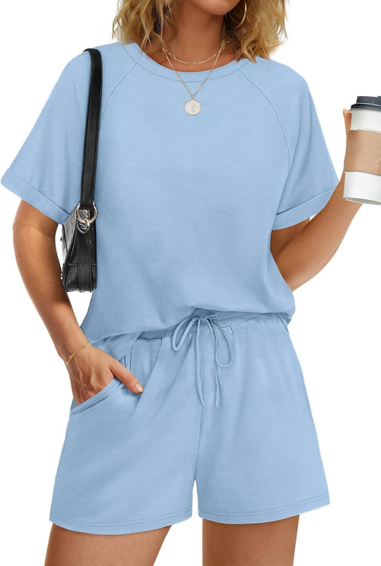 Damen lässiger Kombi aus T-Shirt und Shorts mit elastischem Bund EB