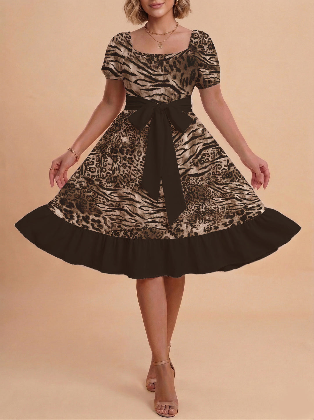 Damen schickes Glitzerkleid mit tailliertem Schnitt und Rüschensaum EB