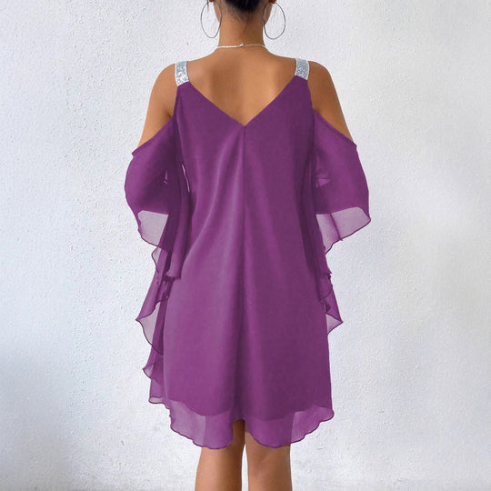 Damen schulterfreies Flatterkleid mit glitzernden Trägern EB