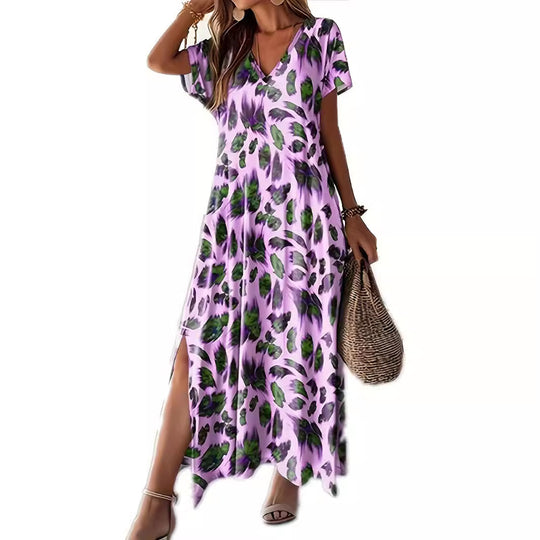 Damen Maxikleid mit V-Ausschnitt und modischem Tierdruck EB