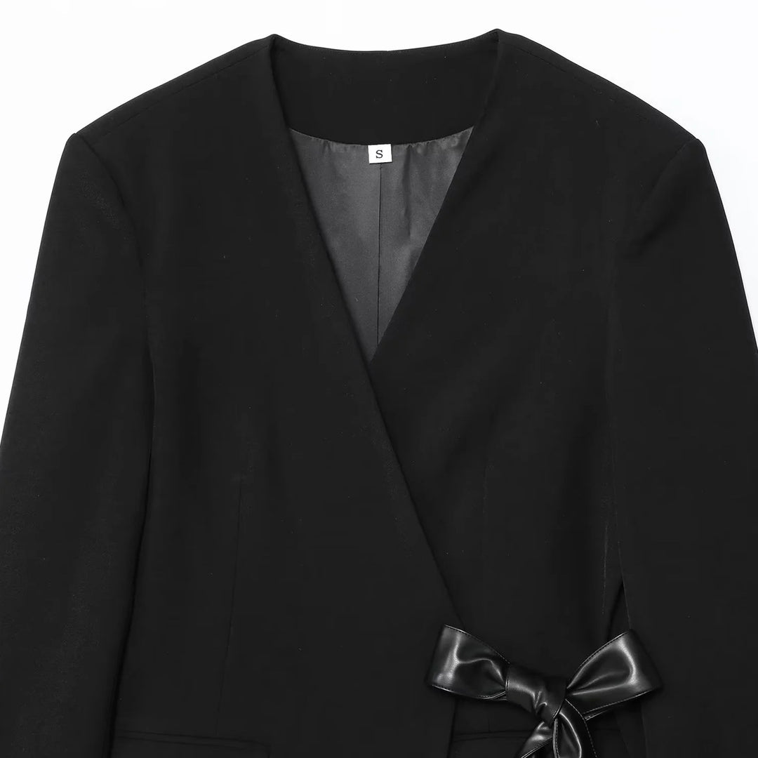 Damen elegante Wickeljacke mit dekorativem Satin-Bindeband EB