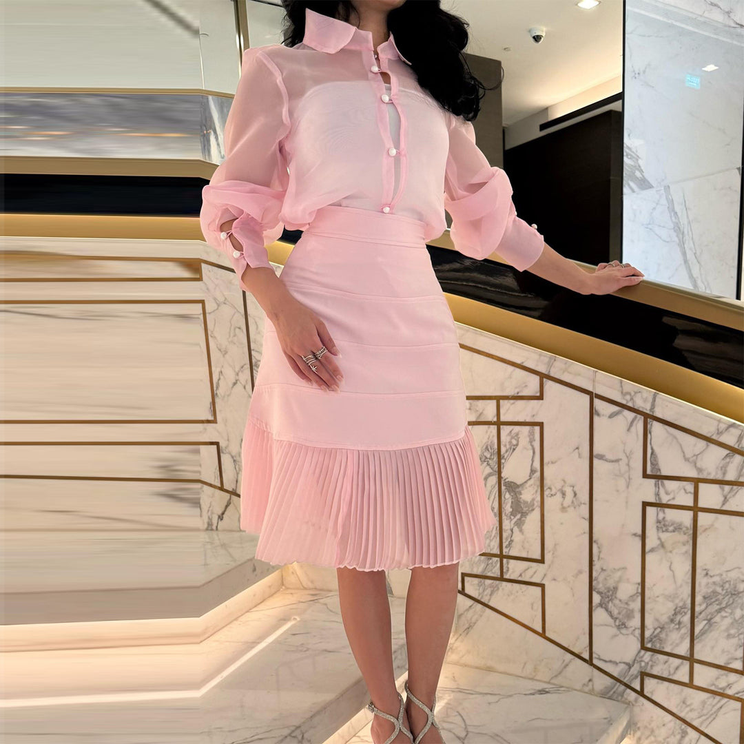 Damen Blusenkleid mit transparenten Ärmeln und Plissee-Rock EB
