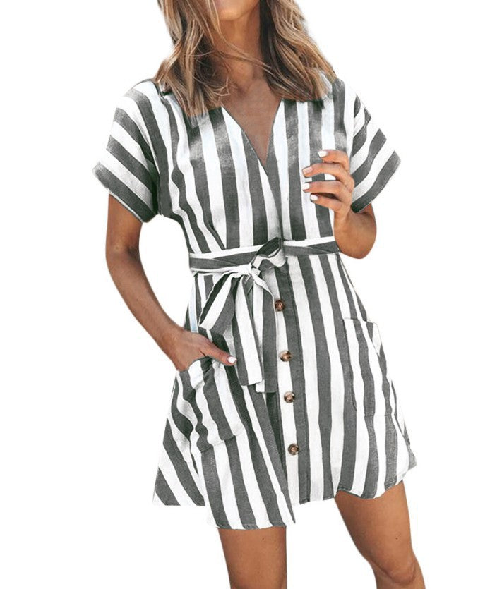 Damen Wickelkleid im modernen Streifenlook mit praktischer Knopfleiste und Taillengürtel EB