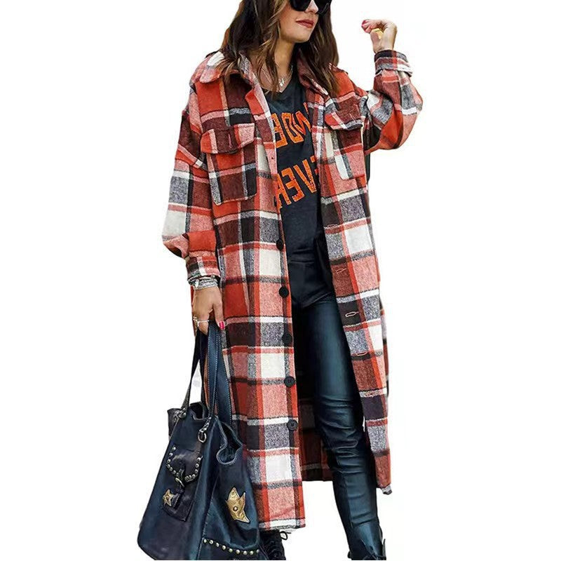 Damen Langarm-Wolljacke mit Karomuster und praktischen Taschen EB