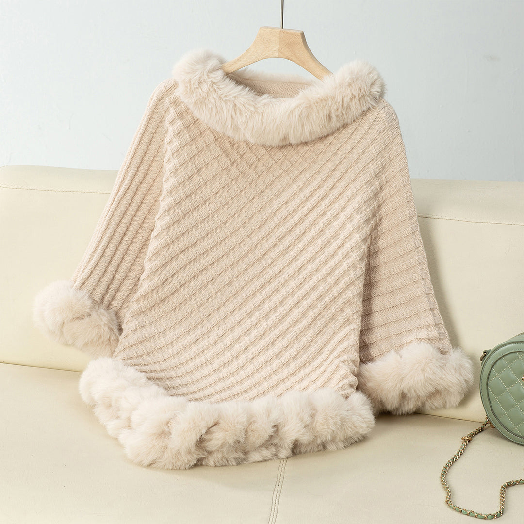 Damen kuschelige Strickdecke mit luxuriösem Kunstfellbesatz EB