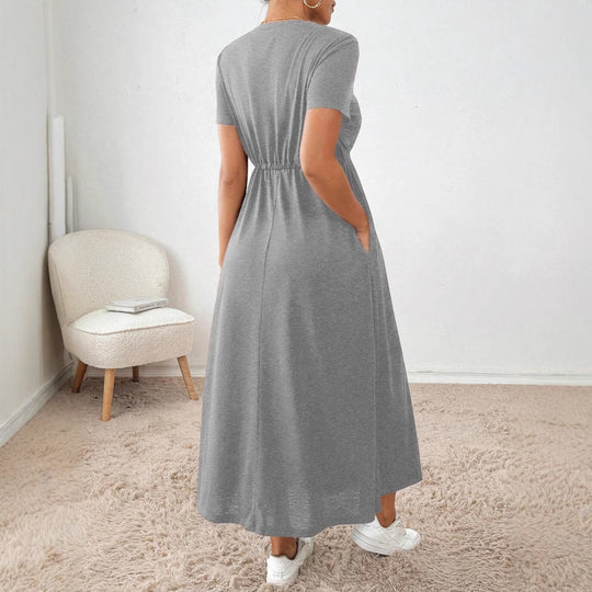 Damen lässiges Maxikleid mit elastischem Taillenbund und Rundhalsausschnitt EB
