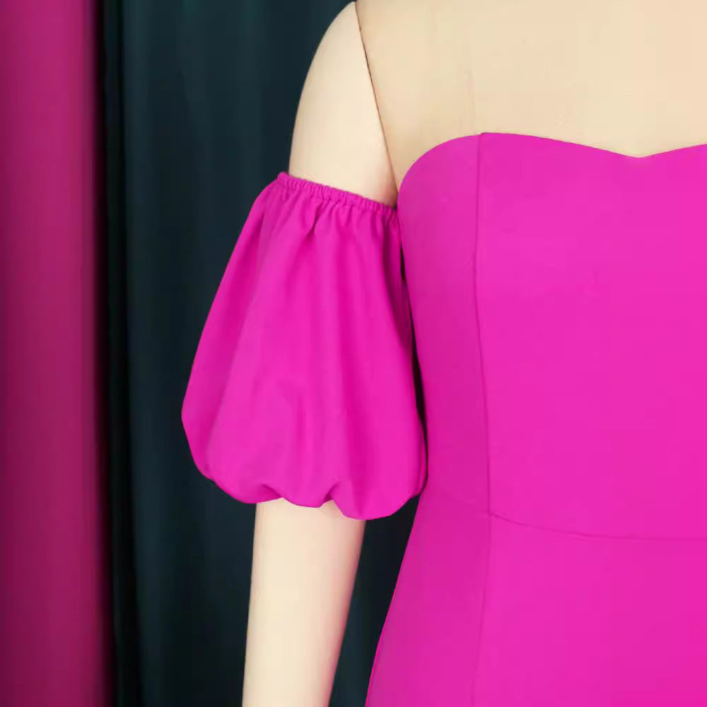 Damen Figurbetontes Abendkleid mit voluminösen Puffärmeln und Rüschenabschluss EB