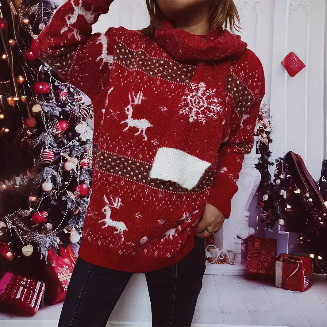 Damen Strickpullover mit festlichem Rentier-Motiv und hohem Kragen EB