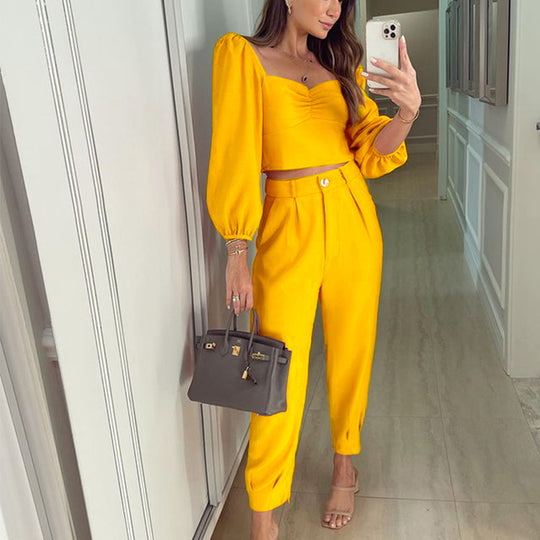 Damen Zweiteiliges Set mit Puffärmeln und eleganter Hochbundhose EB