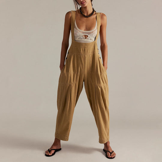 Damen lässiger Denim Overall mit tiefem V-Ausschnitt und praktischen Taschen EB