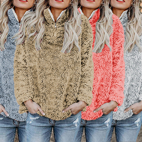 Damen Flauschige Fleece-Pulloverjacke mit hohem Kragen und Reißverschluss EB