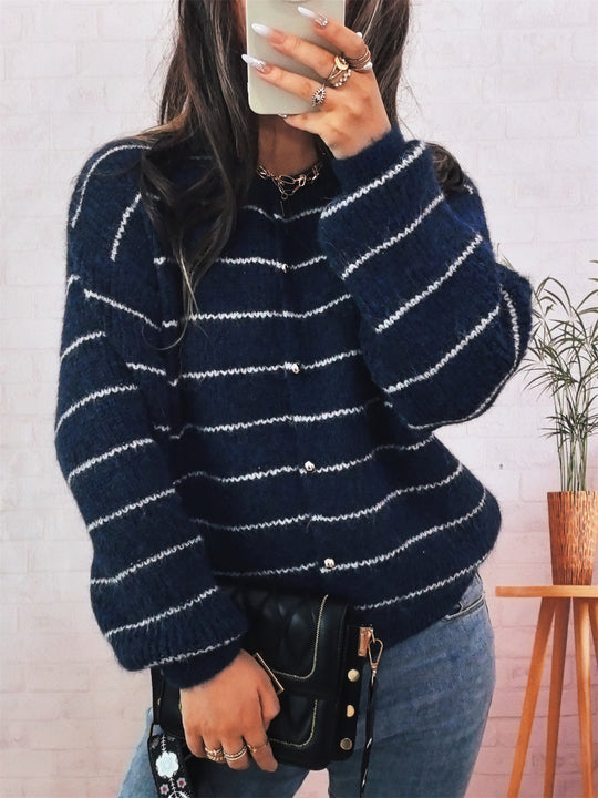 Damen gemütliche Strickjacke mit elegantem Streifenmuster und schimmernden Knöpfen EB