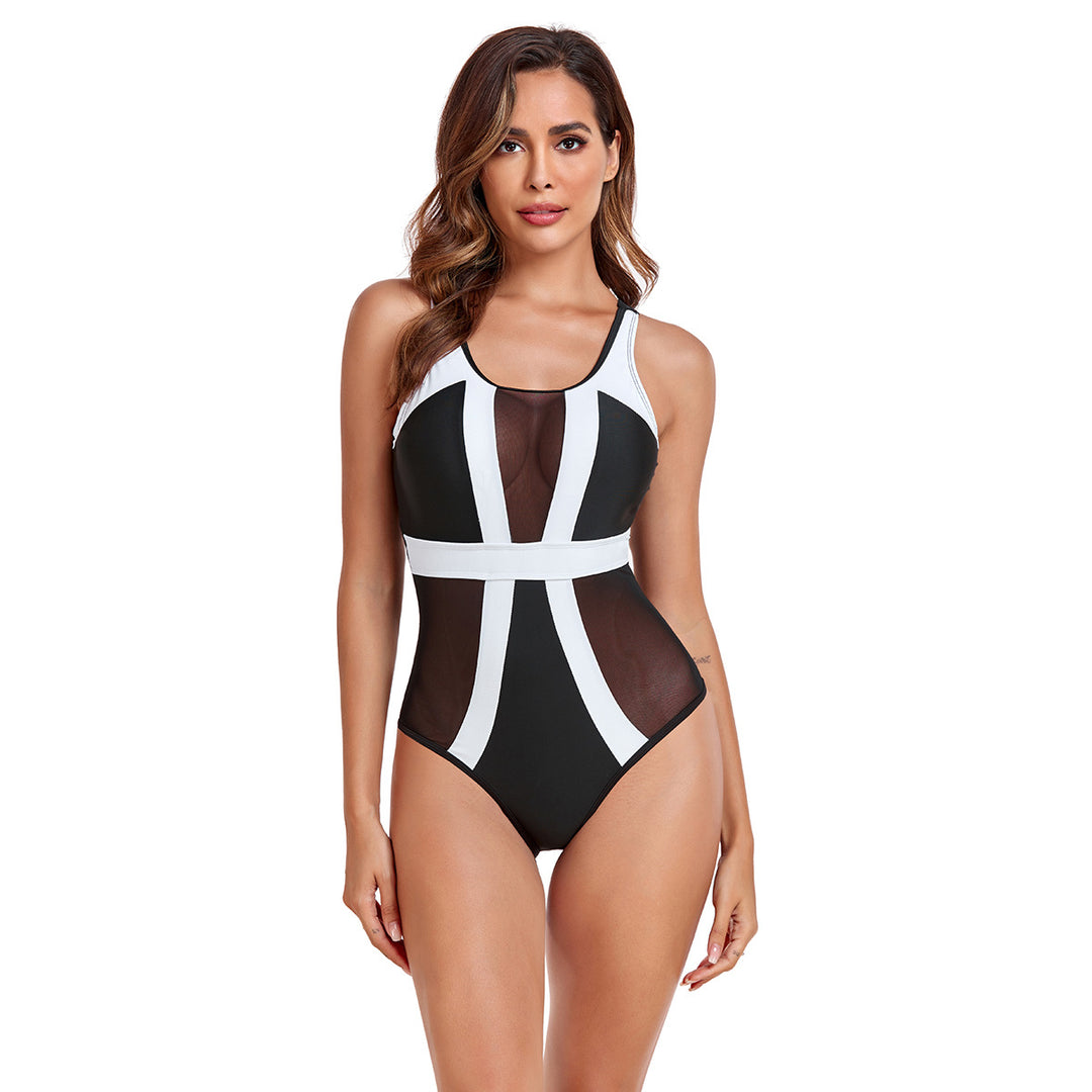 Damen Sportlicher Einteiler Badeanzug mit modernem Mesh-Design EB