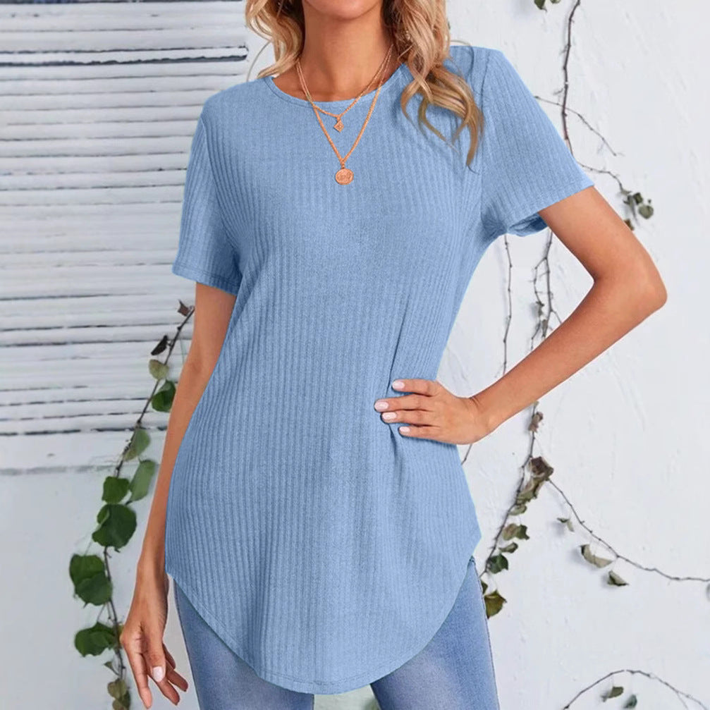 Damen lässiges Strickoberteil mit verlängertem Schnitt und Rundhalsausschnitt EB