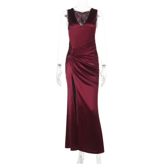 Damen figurbetontes Maxikleid mit raffinierten Drapierungen und tiefem Schlitz EB