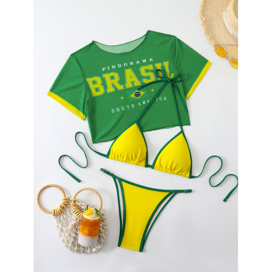 Damen Crop-Top Bikini-Set mit sportlichem Schnitt und Brasil-Print EB