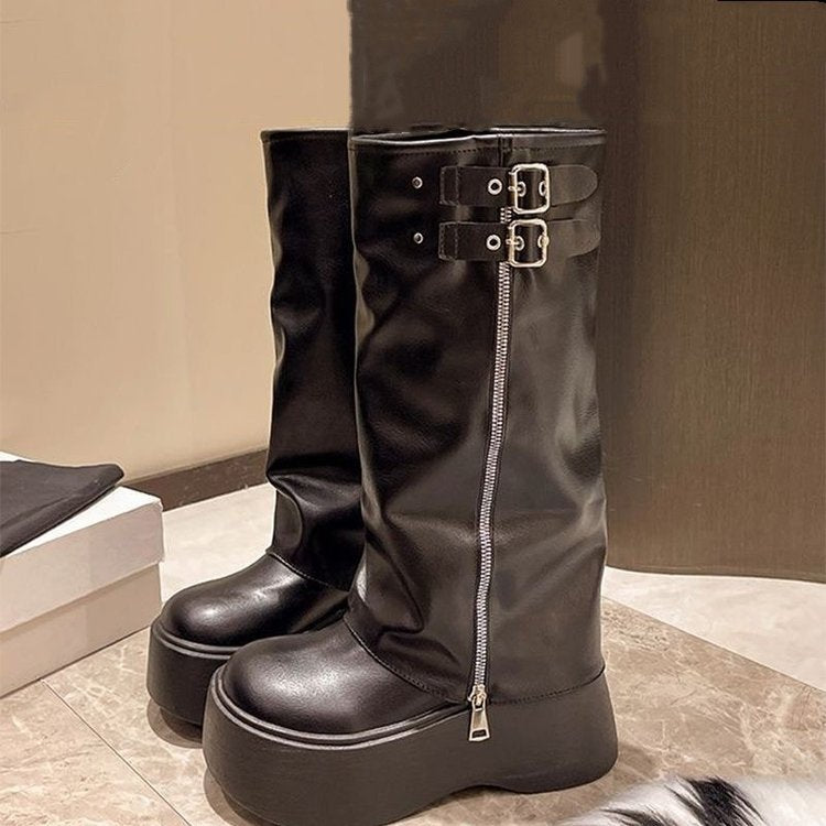 Damen Modische Stiefel mit verstellbarem Riemen und hohem Plateau EB