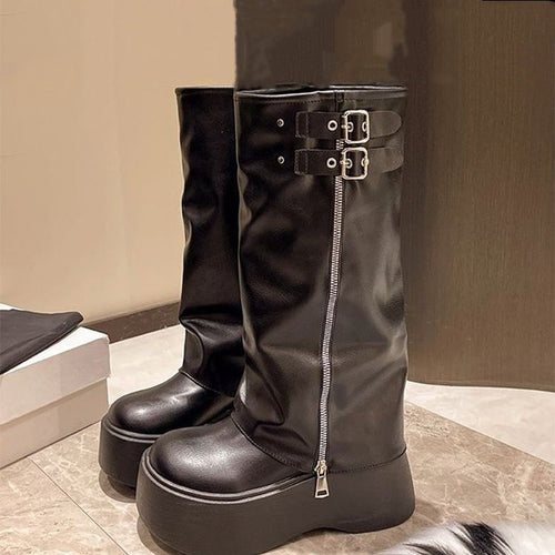 Damen Modische Stiefel mit verstellbarem Riemen und hohem Plateau EB