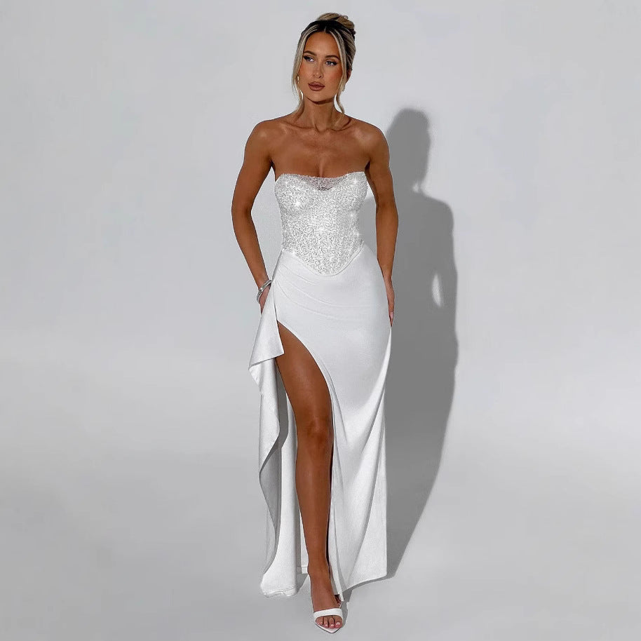 Damen Elegantes Abendkleid mit schimmerndem Oberteil und hohem Schlitz EB