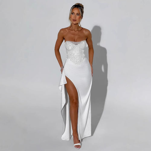Damen Elegantes Abendkleid mit schimmerndem Oberteil und hohem Schlitz EB