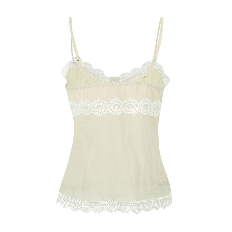 Damen Spaghettiträger Bluse mit Spitzenakzenten und Knopfdetail EB
