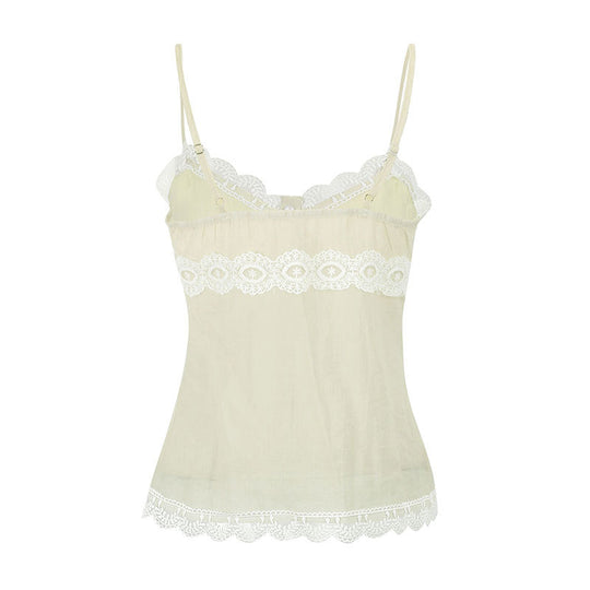 Damen Spaghettiträger Bluse mit Spitzenakzenten und Knopfdetail EB