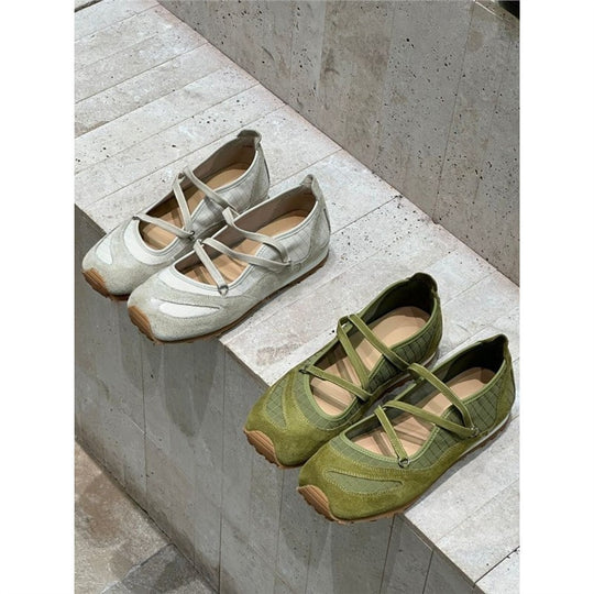 Damen Ballerina-Slipper mit Kreuzriemchen, Wildleder- und Krokostruktur EB