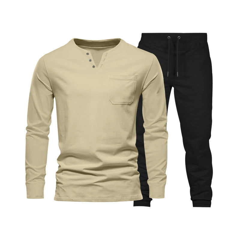 Herren Langarm‑Henley Loungewear‑Set mit Brusttasche und tapered Jogginghose EB