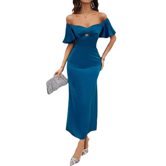 Damen Maxikleid mit schulterfreiem Design und eleganten Rüschendetails EB